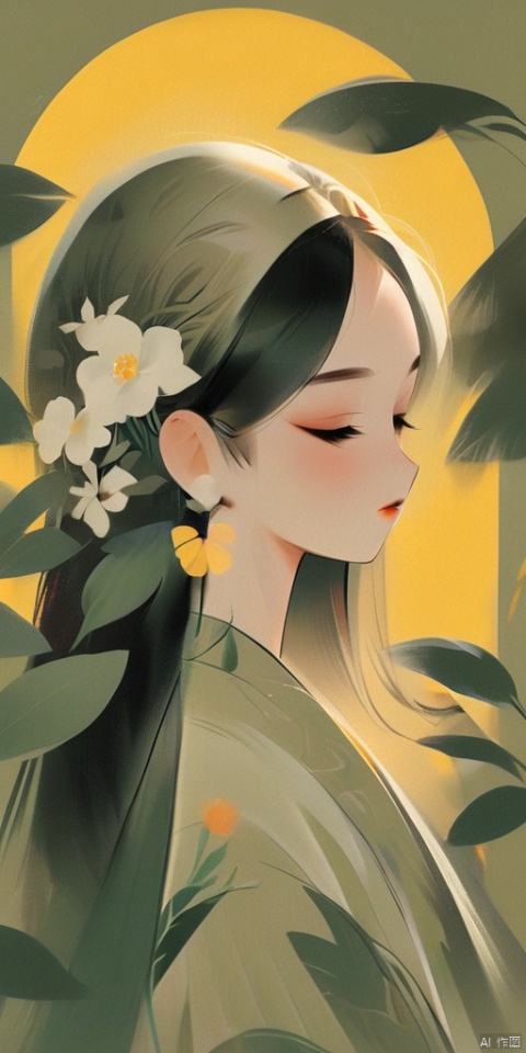 (Flat color: 1.2) The screen imitates the Gucci style with a yellow background. A girl is surrounded by flowers and plants in the flower bushes, and her clothing is mainly white short T-shirts without headwear; The screen content presents many types of flowers (with more and smaller flowers), and the picture quality is soft and clear;