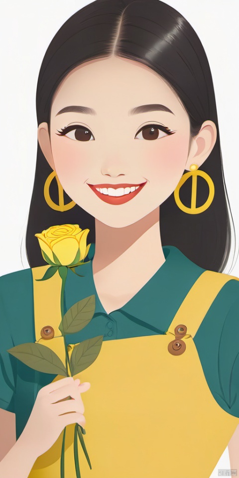 (Flat color: 1.2) Imitate Herm è s illustration style with a white background, showcasing the fashion brand's style guidance, showcasing a sunny and laughing girl (smiling with 8 teeth); High definition, soft, and clear image quality; Clear and complete facial features, with white sleeveless suspender and cute Chinese girl, holding a giant yellow rose in hand, and no other content