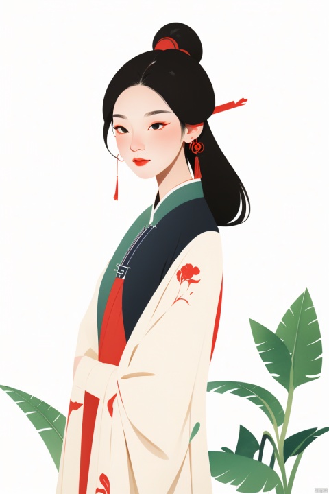 （Flat color：1.7）、Traditional Chinese Gongbi Painting Style,The visual style adopts flowing thin lines to showcase Chinese style,The screen is expressed using a flat technique。The screen adopts the style of the Song Dynasty in China, The color uses traditional Chinese colors and is treated with transparency.  Screen characters Black hair、No complicated headgear。The screen apply elements related to the Song Dynasty in China.Chinese style light watercolor、White background, Picture composition focuses on the head（Enlarge facial details）, The girl's eyes are decorated with leaves,vector illustration。The overall picture is presented in artistic form and does not require realism。When presenting the screen, only the head is displayed, Zhangdaqian。Soft image details, no need for shadow processing