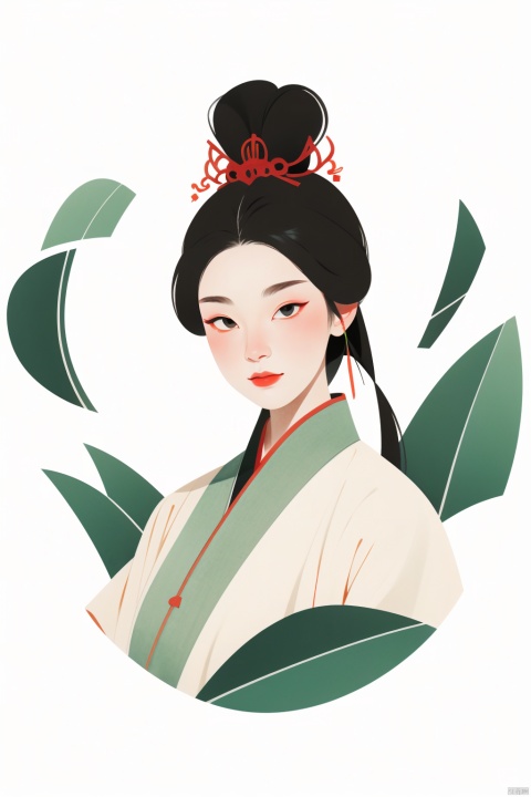 （Flat color：1.7）、Minimalist Zen, artistic conception, ink painting、Traditional Chinese Gongbi Painting Style,The visual style adopts flowing thin lines to showcase Chinese style,The screen is expressed using a flat technique。The screen adopts the style of the Song Dynasty in China, The color uses traditional Chinese colors and is treated with transparency.  Screen characters Black hair、No complicated headgear。The screen apply elements related to the Song Dynasty in China.Chinese style light watercolor、White background, Picture composition focuses on the head（Enlarge facial details）, The girl's eyes are decorated with leaves,vector illustration。The overall picture is presented in artistic form and does not require realism。When presenting the screen, only the head is displayed, Zhangdaqian。Soft image details, no need for shadow processing