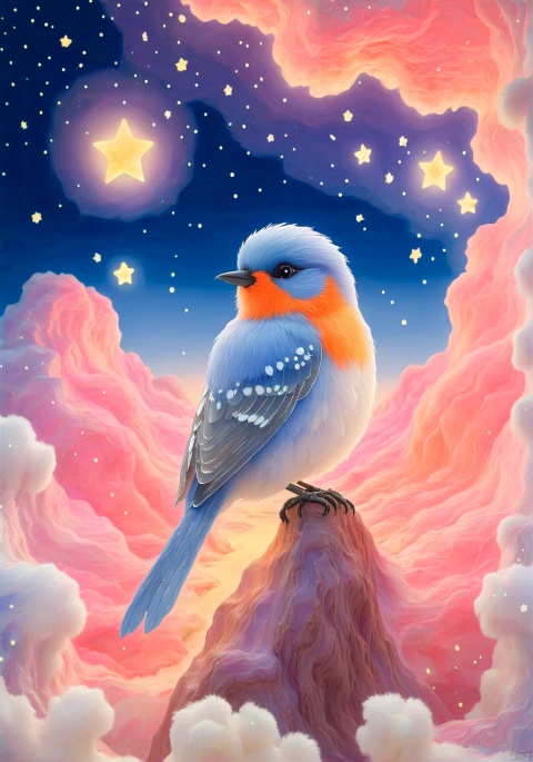  llustration style, hand-painted style, hand drawn A furry little bird, dream,the Earth , dreamy, stars, soft, clouds, decoration, great works, 8k, movie texture, movie cg, clear details, rich picture, keai