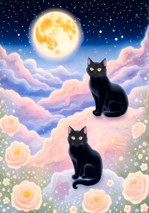 llustration style, hand-painted style, BLACK CAT, flower, dreamy, stars, soft, clouds, moon,  decoration, great works, 8k, movie texture, movie cg, clear details, rich picture, keai