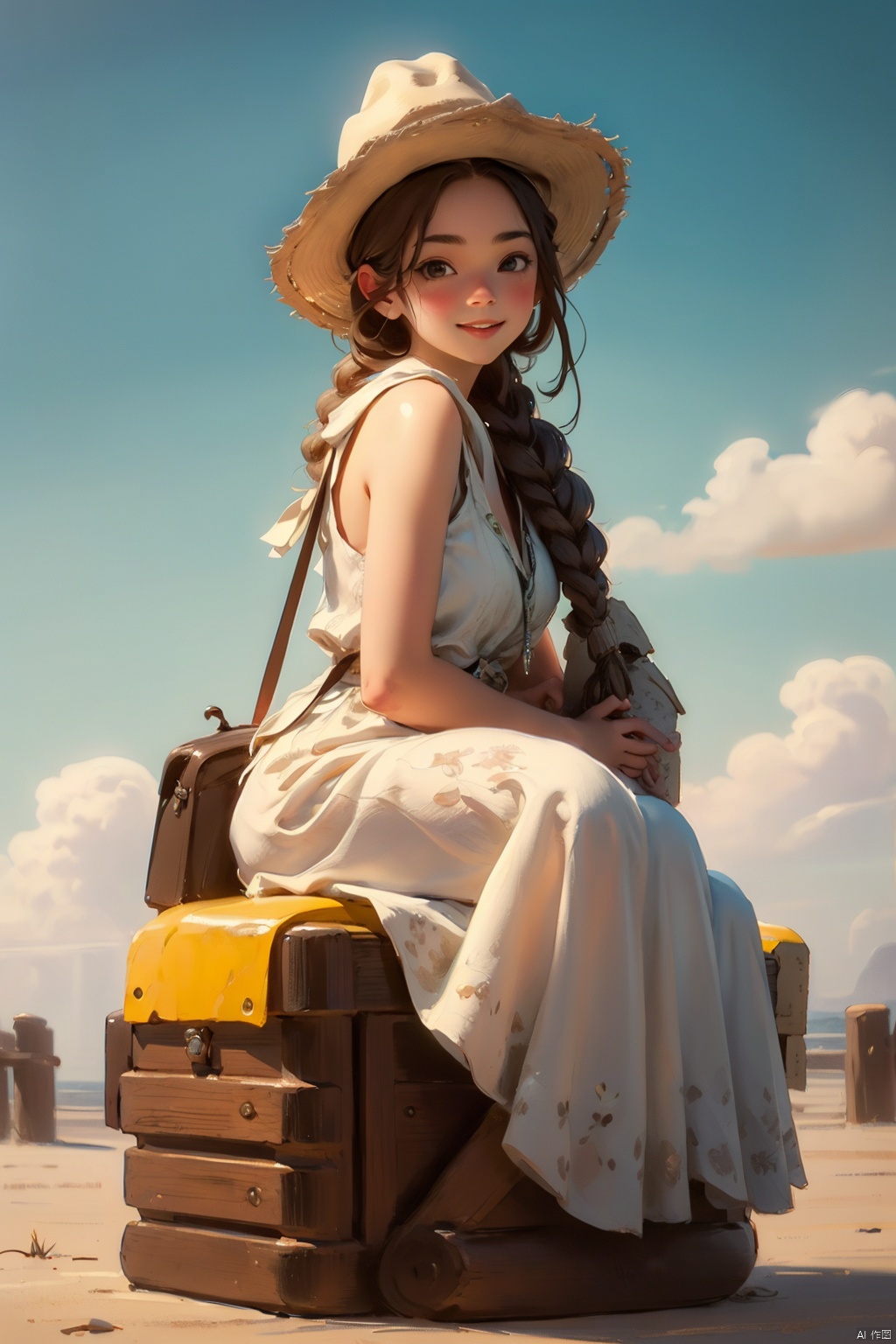 masterpiece, best quality, 8K,illustration, colorful, The rich visuals depict the joy of outdoor travel. car  Vacation girl, a girl White vest, This is a very thin girl, not very plump, Black Fried Dough Twists Braid and black eyes, Sitting on the ground with your back against a yellow car. Wearing a cowboy hat on the head , best qualityhighly detailed, realistic rendering, Cute Smiling Girl。This painting captures the essence of innocence, beauty, and joy, making it a beautiful and captivating artwork, Fully express the joy of the character's vacatin, The girl should be thinner, Girls' clothes should not be too revealing , Hair fluttering in the wind,Clearly display feet and hands, domineering lady
