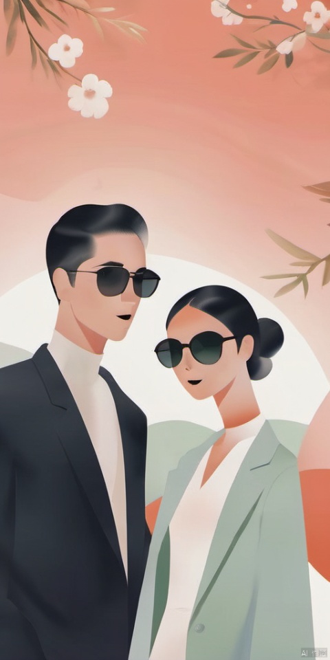 (Flat color: 1.2) Imitate a group photo of a fashionable couple with a white background. The screen depicts a romantic and sweet atmosphere with male and female couples in a romantic relationship. High definition image quality, 8K. The screen displays flowers and pets