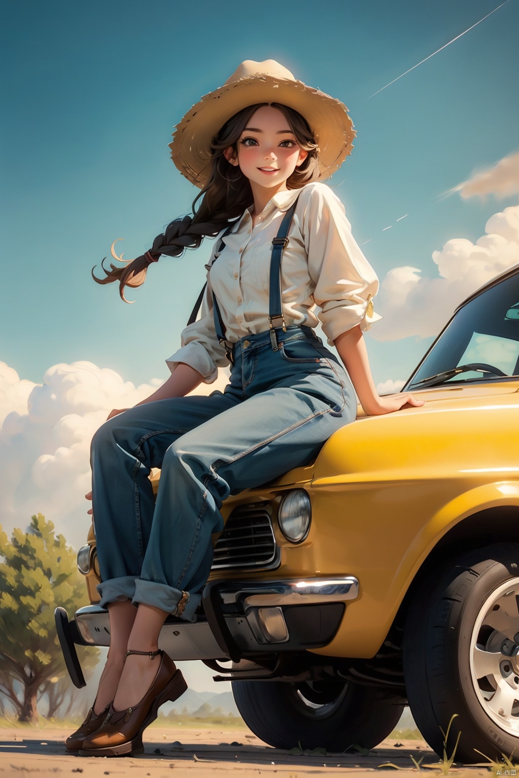 masterpiece, best quality, 8K,illustration, colorful, The rich visuals depict the joy of outdoor travel. car  Vacation girl, a girl wearing black suspenders and jeans, This is a very thin girl, not very plump, Black Fried Dough Twists Braid and black eyes, Sitting on the ground with your back against a yellow car. Wearing a cowboy hat on the head , best qualityhighly detailed, realistic rendering, Cute Smiling Girl。This painting captures the essence of innocence, beauty, and joy, making it a beautiful and captivating artwork, Fully express the joy of the character's vacatin, The girl should be thinner, Girls' clothes should not be too revealing , Hair fluttering in the wind,Clearly display feet and hands