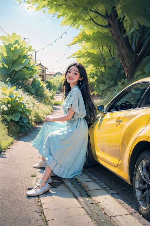 (masterpiece), (best quality), illustration, (colorful), Beautiful watercolor painting depicting a serene and idyllic scene.The rich visuals depict the joy of outdoor travel. car Vacation girl, This is a very thin girl, not very plump,  black eyes, Sitting on the ground with your back against a yellow car.  Vibrant and bold colors bring the image to life, while the whimsical and dreamy style evokes a sense of wonder and imagination. Excellent quality with meticulous attention to detail in the girl's dress, flowers, and overall composition. The emotions conveyed are peaceful and joyful, reflecting a moment of pure happiness amidst nature. This painting captures the essence of innocence, beauty, and joy, making it a beautiful and captivating artwork, flower, watercolor