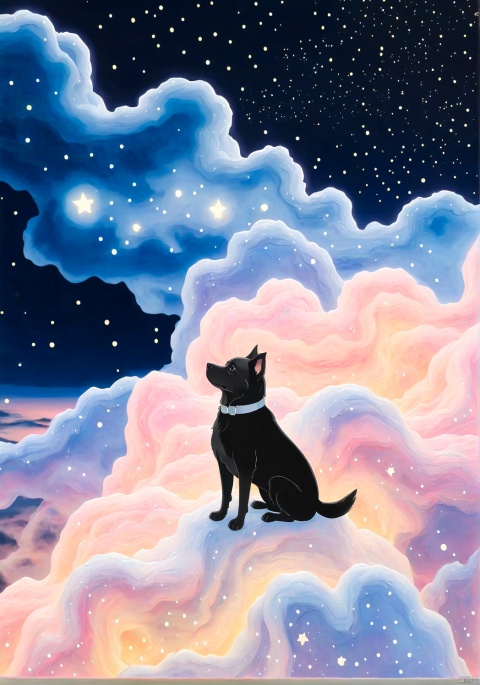 llustration style, hand-painted style,Black furry llustration  dog , sparkling Blister,dream, dreamy, stars, soft, clouds,  decoration, great works, 8k, movie texture, movie cg, clear details, rich picture, keai