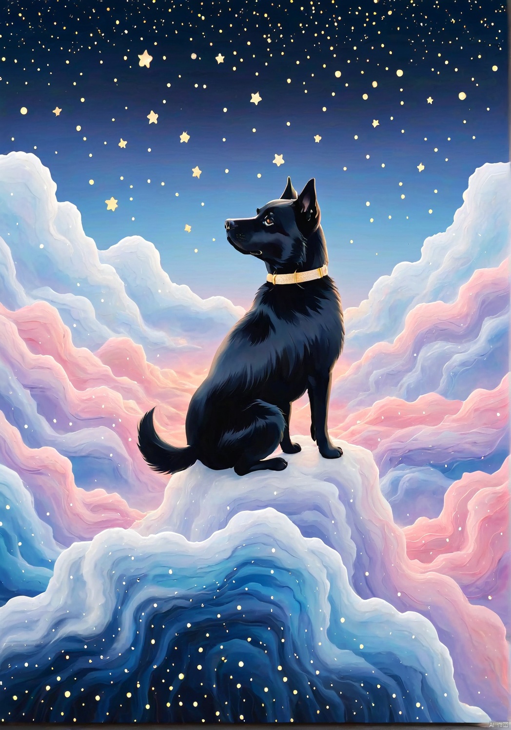 llustration style, hand-painted style,Black furry llustration  dog , sparkling Blister,dream, dreamy, stars, soft, clouds,  decoration, great works, 8k, movie texture, movie cg, clear details, rich picture, keai