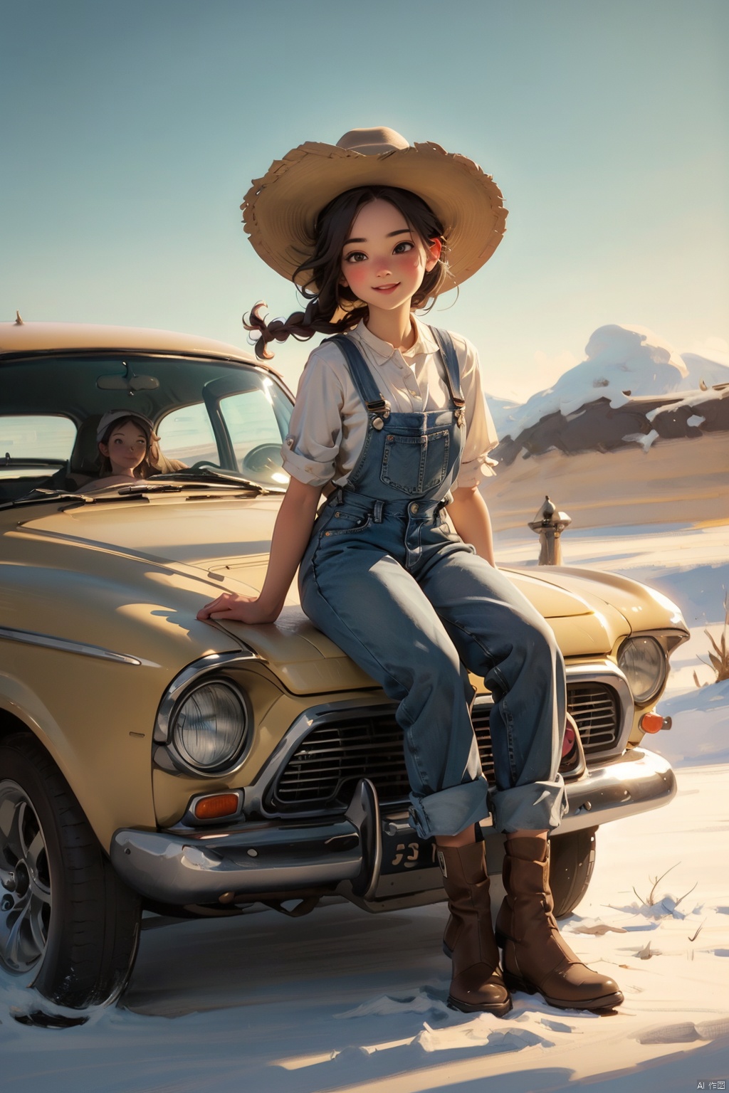 masterpiece, best quality, 8K,illustration, colorful, The rich visuals depict the joy of outdoor travel. car  Vacation girl, a girl wearing black suspenders and jeans, This is a very thin girl, not very plump, Black Fried Dough Twists Braid and black eyes, Sitting on the ground with your back against a yellow car. Wearing a cowboy hat on the head , best qualityhighly detailed, realistic rendering, Cute Smiling Girl。This painting captures the essence of innocence, beauty, and joy, making it a beautiful and captivating artwork, Fully express the joy of the character's vacatin, The girl should be thinner, Girls' clothes should not be too revealing , Hair fluttering in the wind,Clearly display feet and hands