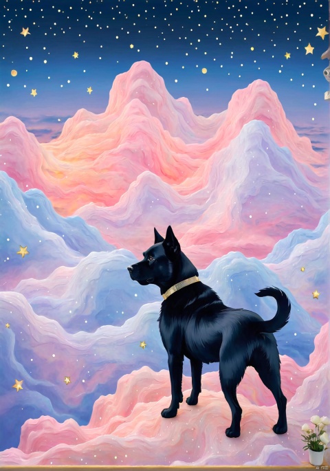 llustration style, hand-painted style,llustration Black furry dog , sparkling Blister,dream, dreamy, stars, soft, clouds,  decoration, great works, 8k, movie texture, movie cg, clear details, rich picture, keai