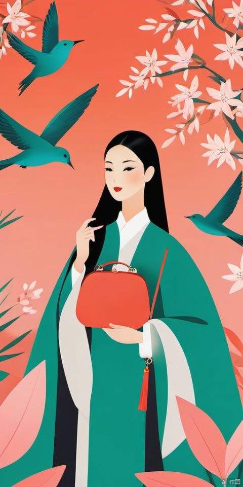 (Flat color: 1.2) Imitate Herm è s illustration style, with a colorful background, showcasing the fashion brand style guidance. The exhibition features a fashionable girl's fantasies, dreams, and myths about spring; High definition, soft, and clear image quality; Facial features are clear and complete, with elements such as handbags, scarves, high heels, sneakers, trees, birds added to the visuals, ash, graphic, (\ji jian\), xiaozi, background, girl, bailing_model