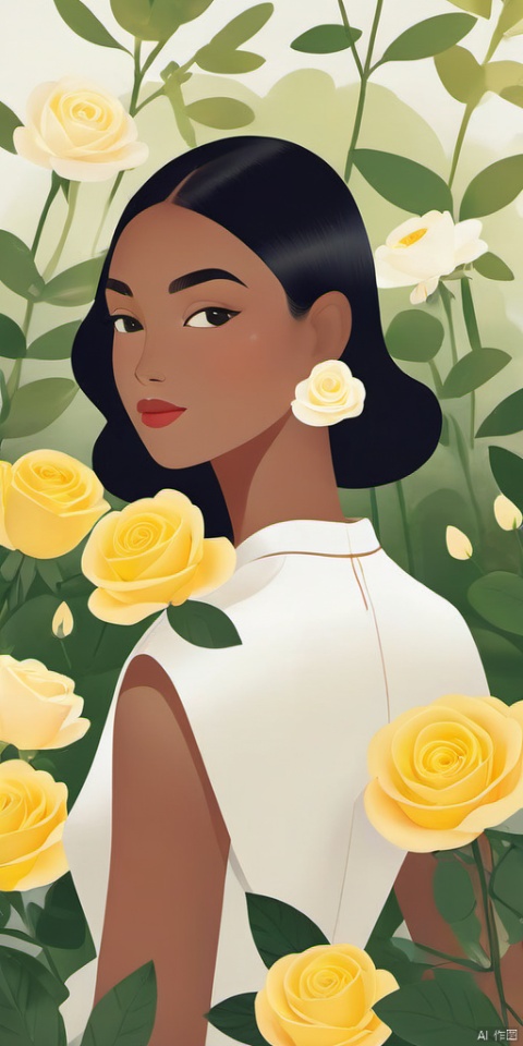 (Flat color: 1.2) Imitate Herm è s illustration style, with a white background, showcasing the fashion brand's style guidance. The exhibition showcases a fashionable girl's fantasy myth of spring; High definition, soft, and clear image quality; Clear and complete facial features, visually adding white sleeveless suspender girl, light yellow rose, light yellow rose, garden, outdoor