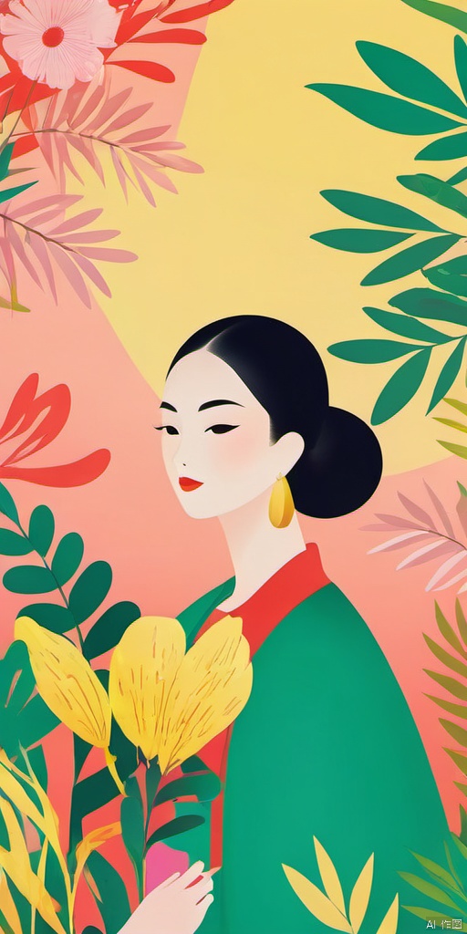 (Flat color: 1.2) Imitate Herm è s illustration style, with a colorful background, showcasing the fashion brand style guidance. The exhibition features a fashionable girl's fantasies, dreams, and myths about spring; High definition, soft, and clear image quality; Facial features are clear and complete, with elements such as handbags, scarves, high heels, sneakers, trees, birds added to the visuals, ash, graphic, (\ji jian\), xiaozi, background, girl, bailing_model