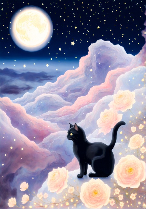 llustration style, hand-painted style, BLACK CAT, flower, dreamy, stars, soft, clouds, moon,  decoration, great works, 8k, movie texture, movie cg, clear details, rich picture, keai
