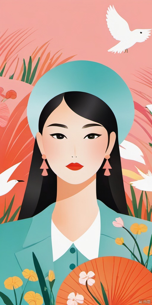 (Flat color: 1.2) Imitate Herm è s illustration style, with a colorful background, showcasing the fashion brand style guidance. The exhibition features a fashionable girl's fantasies, dreams, and myths about spring; High definition, soft, and clear image quality; Facial features are clear and complete, with elements such as handbags, scarves, high heels, sneakers, trees, birds added to the visuals, ash, graphic, (\ji jian\), xiaozi, background, girl, bailing_model
