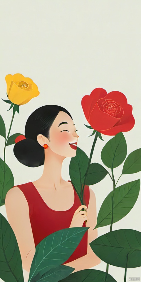 (Flat color: 1.2) Imitate Herm è s illustration style with a white background, showcasing the fashion brand's style guidance, showcasing a sunny and laughing girl (8 teeth laughing); High definition, soft, and clear image quality; Clear and complete facial features, with a cute Chinese girl wearing a red striped top and holding a giant yellow rose. No other content included, graphic