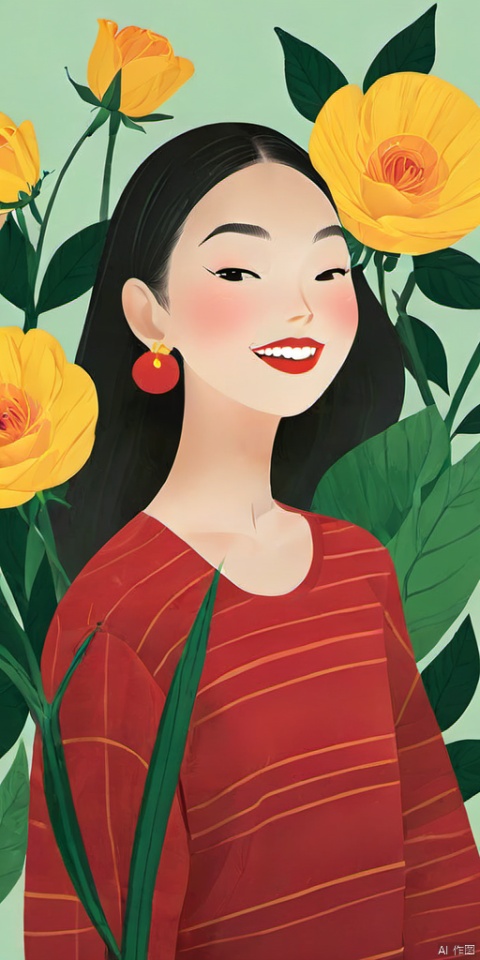 (Flat color: 1.2) Imitate Herm è s illustration style with a white background, showcasing the fashion brand's style guidance, showcasing a sunny and laughing girl (8 teeth laughing); High definition, soft, and clear image quality; Clear and complete facial features, with a cute Chinese girl wearing a red striped top and holding a giant yellow rose. No other content included, graphic