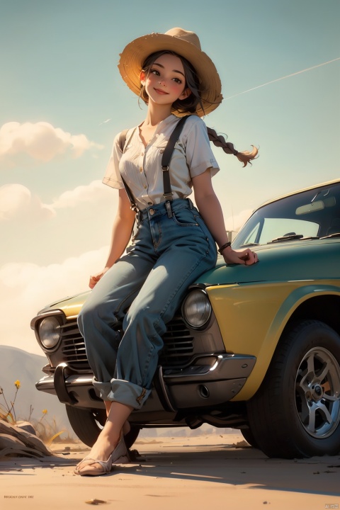 masterpiece, best quality, 8K,illustration, colorful, The rich visuals depict the joy of outdoor travel. car  Vacation girl, a girl wearing black suspenders and jeans, This is a very thin girl, not very plump, Black Fried Dough Twists Braid and black eyes, Sitting on the ground with your back against a yellow car. Wearing a cowboy hat on the head , best qualityhighly detailed, realistic rendering, Cute Smiling Girl。This painting captures the essence of innocence, beauty, and joy, making it a beautiful and captivating artwork, Fully express the joy of the character's vacatin, The girl should be thinner, Girls' clothes should not be too revealing , Hair fluttering in the wind,Clearly display feet and hands