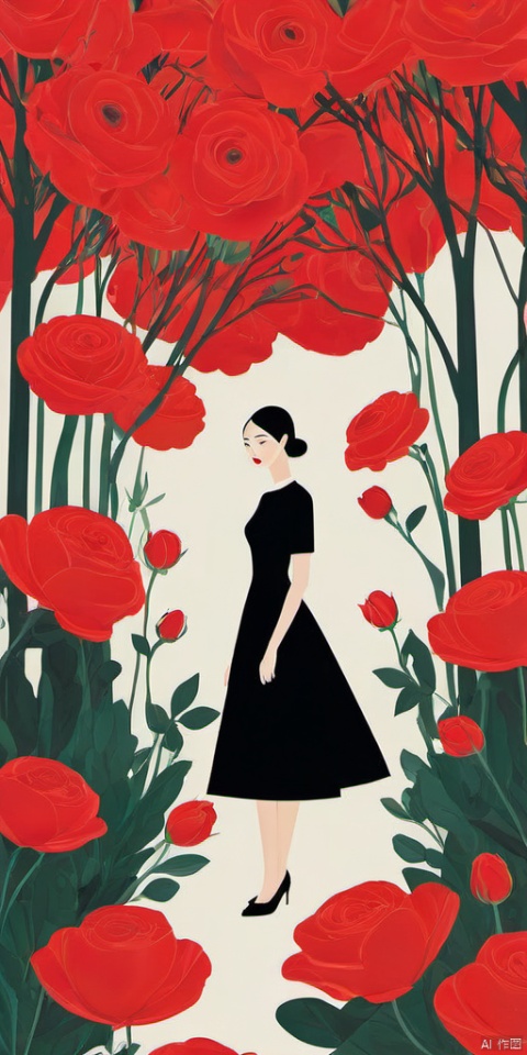 (Flat color: 1.2) Imitate Herm è s illustration style, with a white background, showcasing the style guidance of the fashion brand. The exhibition showcases a fashionable girl's fantasy myth of spring; High definition, soft, and clear image quality; Clear and complete facial features, visually adding black dress girl and red rose garden