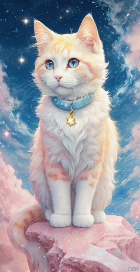 white cat,sparkling  star, sparkling glass, stereoscopic Uneven crystal, realistic,Best quality, 8k, cg,high definition,pink_background,light,starry_background, naturalistic rendering, traditional chinese ink painting, 10%yellow,water,corrugation,golden, 10%light blue,starry sky,maomika, jinjianceng, starry sky, QMSJ