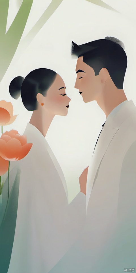 (Flat color: 1.2) Imitate a group photo of a fashionable couple with a white background. The male and female in the picture are sweet little couples, presenting a romantic and sweet running atmosphere. High definition image quality, 8K. The facial features of the characters on the screen are clearly displayed, rich in flowers, pets
