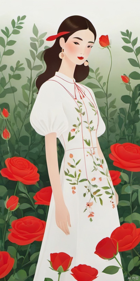 (Flat color: 1.2) Imitate Herm è s illustration style, with a white background, showcasing the fashion brand's style guidance. The exhibition showcases a fashionable girl's fantasy myth of spring; High definition, soft, and clear image quality; Clear and complete facial features, visually adding a white dress for girls and a red rose garden