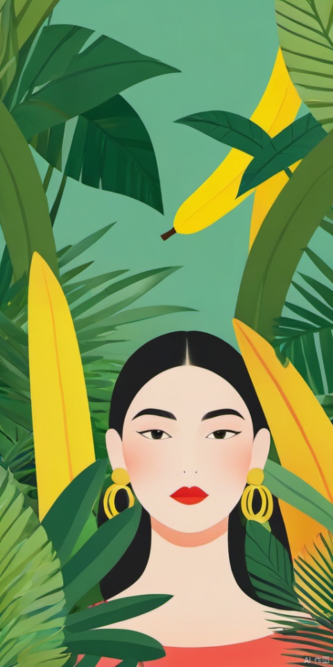 (Flat color: 1.2) Imitate Herm è s illustration style and showcase the fashion brand's style guidance with a rich and colorful background. The exhibition showcases a fashionable girl's fantasy myth of spring; High definition, soft, and clear image quality; Clear and complete facial features, visually adding girls and banana trees