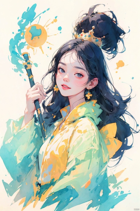 llustration style,dream ,A Sunshine Laughs girl with black hair and black eyes, wearing a crown on her head ,Holding a magic wand in hand,8k,  clear details, rich picture, nature background, flat color, vector illustration, watercolor, Chinese style, cute girl, bpstyle