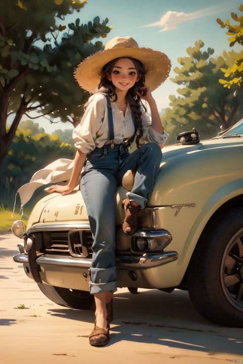 masterpiece, best quality, 8K,illustration, colorful, The rich visuals depict the joy of outdoor travel. car  Vacation girl, a girl wearing black suspenders and jeans, This is a very thin girl, not very plump, Black Fried Dough Twists Braid and black eyes, Sitting on the ground with your back against a yellow car. Wearing a cowboy hat on the head , best qualityhighly detailed, realistic rendering, Cute Smiling Girl。This painting captures the essence of innocence, beauty, and joy, making it a beautiful and captivating artwork, Fully express the joy of the character's vacatin, The girl should be thinner, Girls' clothes should not be too revealing , Hair fluttering in the wind,Clearly display feet and hands