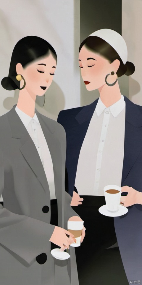 (Flat color: 1.2) Group photo of sisters imitating fashion, with white background. The picture shows sisters having a happy afternoon tea, presenting a happy and relaxed atmosphere. High definition image quality, 8K. The facial features of the characters on the screen are clearly displayed and rich in flowers, coffee, and seats