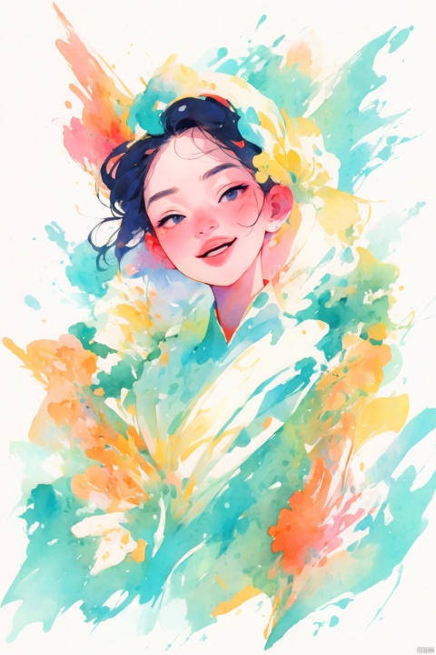 llustration style,dream ,An lady wearing a floral headdress is laughing,Black eyes, 8k,  clear details, rich picture, nature background, flat color, vector illustration, watercolor, Chinese style, cute girl, bpstyle