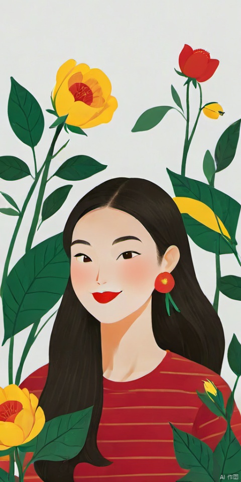 (Flat color: 1.2) Imitate Herm è s illustration style with a white background, showcasing the fashion brand's style guidance, showcasing a sunny and laughing girl (8 teeth laughing); High definition, soft, and clear image quality; Clear and complete facial features, with a cute Chinese girl wearing a red striped top and holding a giant yellow rose. No other content included, graphic