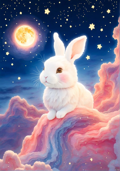  llustration style, hand-painted style, hand drawn Furry rabbit, dream,the Earth , dreamy, stars, soft, clouds, decoration, great works, 8k, movie texture, movie cg, clear details, rich picture, keai