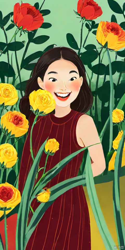 (Flat color: 1.2) Imitate Herm è s illustration style with a white background, showcasing the fashion brand's style guidance, showcasing a sunny and laughing girl (8 teeth laughing); High definition, soft, and clear image quality; Clear and complete facial features, with red striped top and cute Chinese girl holding a giant yellow rose. No other content included, Animated Spliced Reality, ash