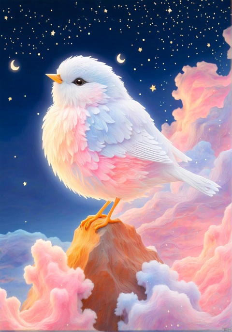  llustration style, hand-painted style, hand drawn A furry little bird, dream,the Earth , dreamy, stars, soft, clouds, decoration, great works, 8k, movie texture, movie cg, clear details, rich picture, keai