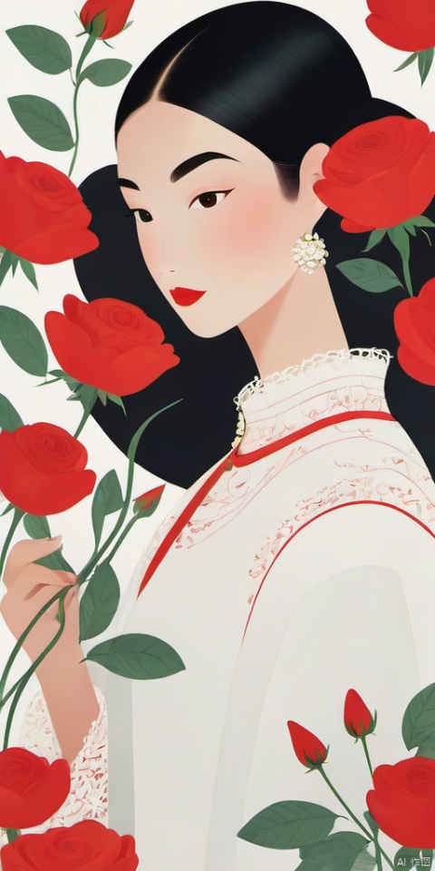 (Flat color: 1.2) Imitate Herm è s illustration style, with a white background, showcasing the fashion brand's style guidance. The exhibition showcases a fashionable girl's fantasy myth of spring; High definition, soft, and clear image quality; Clear and complete facial features, visually adding a white dress girl and a red rose garden (with small floral fragments on the white dress)