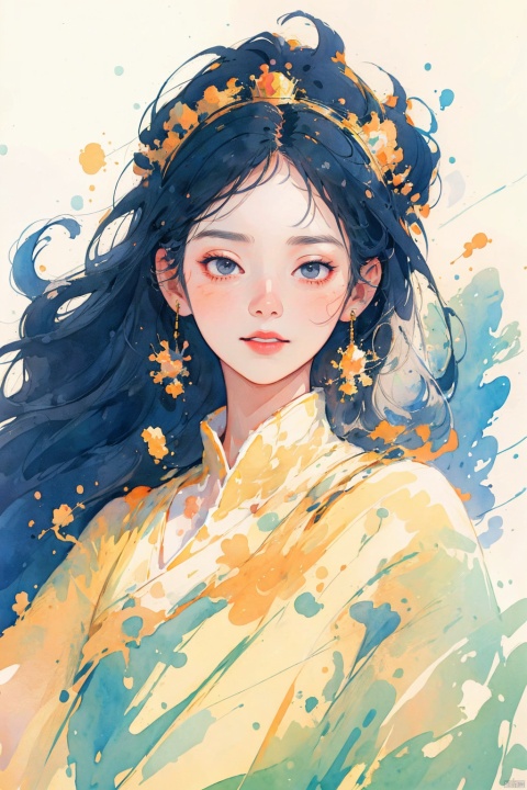 llustration style,dream ,A Sunshine Laughs girl with black hair and black eyes, wearing a crown on her head ,Holding a magic wand in hand,8k,  clear details, rich picture, nature background, flat color, vector illustration, watercolor, Chinese style, cute girl, bpstyle, TT
