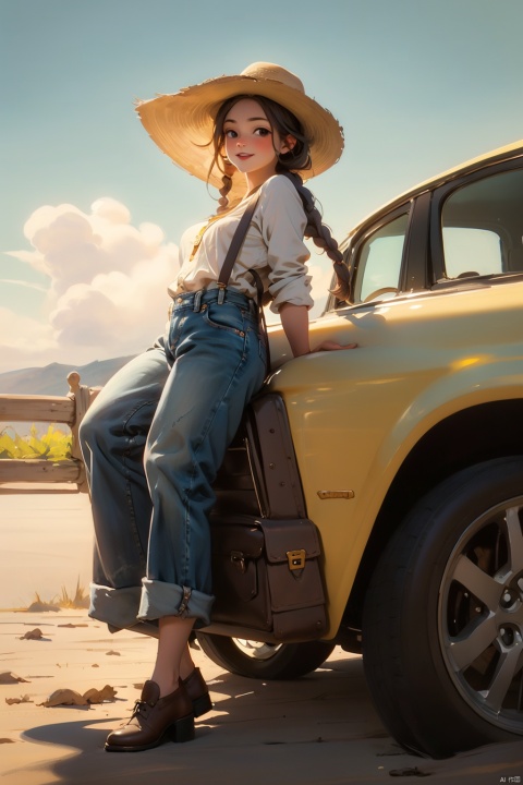 masterpiece, best quality, 8K,illustration, colorful, The rich visuals depict the joy of outdoor travel. car  Vacation girl, a girl wearing black suspenders and jeans, This is a very thin girl, not very plump, Black Fried Dough Twists Braid and black eyes, Sitting on the ground with your back against a yellow car. Wearing a cowboy hat on the head , best qualityhighly detailed, realistic rendering, Cute Smiling Girl。This painting captures the essence of innocence, beauty, and joy, making it a beautiful and captivating artwork, Fully express the joy of the character's vacatin, The girl should be thinner, Girls' clothes should not be too revealing , Hair fluttering in the wind