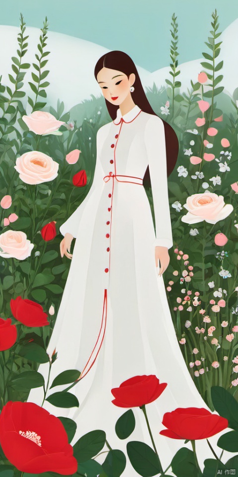 (Flat color: 1.2) Imitate Herm è s illustration style, with a white background, showcasing the fashion brand's style guidance. The exhibition showcases a fashionable girl's fantasy myth of spring; High definition, soft, and clear image quality; Clear and complete facial features, visually adding a white dress girl and a red rose garden (with small floral fragments on the white dress)