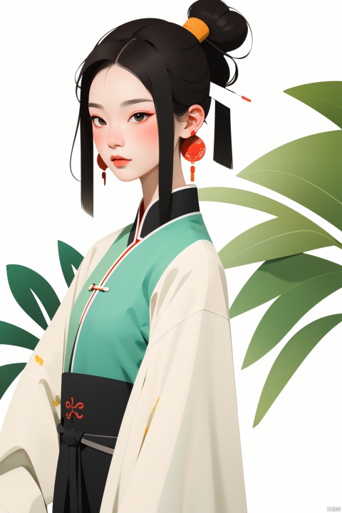 （Flat color：1.7）、Traditional Chinese Gongbi Painting Style,The visual style adopts flowing thin lines to showcase Chinese style,The screen is expressed using a flat technique。The screen adopts the style of the Song Dynasty in China, with thin lines and light colors.  Screen characters Black hair、No complicated headgear。The screen apply elements related to the Song Dynasty in China.Chinese style light watercolor、White background, Picture composition focuses on the head（Enlarge facial details）, The girl's eyes are decorated with leaves,vector illustration。The overall picture is presented in artistic form and does not require realism。When presenting the screen, only the head is displayed