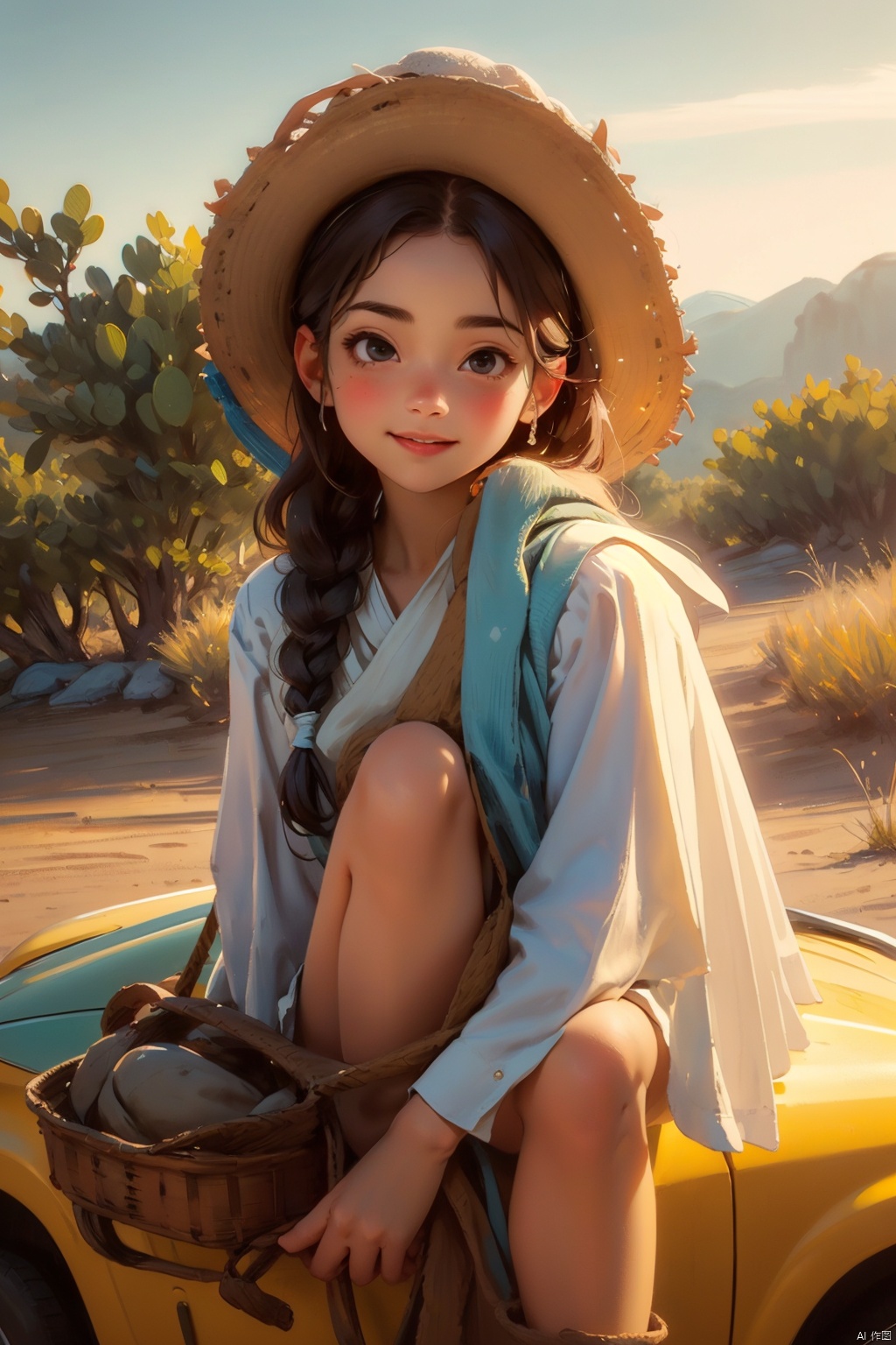 masterpiece, best quality, 8K,illustration, colorful, The rich visuals depict the joy of outdoor travel. car  Vacation girl, a girl White vest, This is a very thin girl, not very plump, Black Fried Dough Twists Braid and black eyes, Sitting on the ground with your back against a yellow car. Wearing a cowboy hat on the head , best qualityhighly detailed, realistic rendering, Cute Smiling Girl。This painting captures the essence of innocence, beauty, and joy, making it a beautiful and captivating artwork, Fully express the joy of the character's vacatin, The girl should be thinner, Girls' clothes should not be too revealing , Hair fluttering in the wind,Clearly display feet and hands