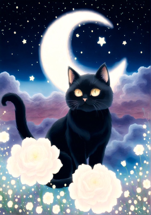 llustration style, hand-painted style, BLACK CAT, flower, dreamy, stars, soft, clouds, moon,  decoration, great works, 8k, movie texture, movie cg, clear details, rich picture, keai