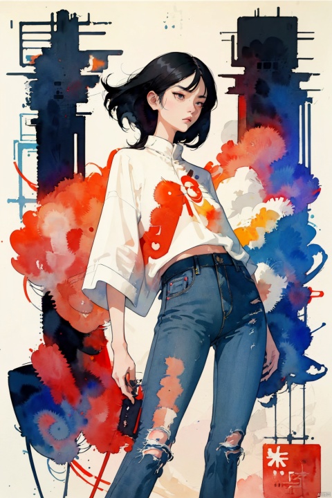 llustration style, hand-painted style,An Asian girl with long black hair and eyes, Short hair ,Black Eye, Modern City, Handheld notebook,Jeans, clouds,  8k,  clear details, rich picture, blank background, flat color, vector illustration, watercolor \(medium\)