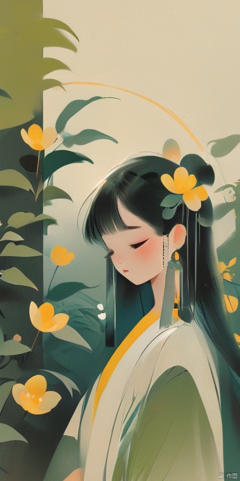(Flat color: 1.2) The screen imitates the Gucci style with a yellow background. A girl is surrounded by flowers and plants in the flower bushes, and her clothing is mainly white short T-shirts without headwear; The screen content presents multiple types of flowers, with soft and clear image quality;