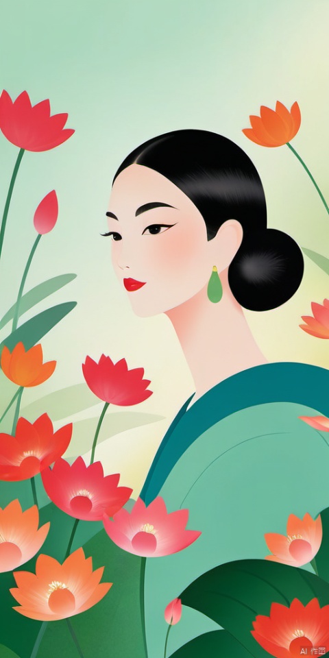 (Flat color: 1.2) Imitate Herm è s illustration style and showcase the fashion brand's style guidance with a rich and colorful background. The exhibition showcases a fashionable girl's fantasy myth of spring; High definition, soft, and clear image quality; Clear and complete facial features, visually adding girls and lotus flowers