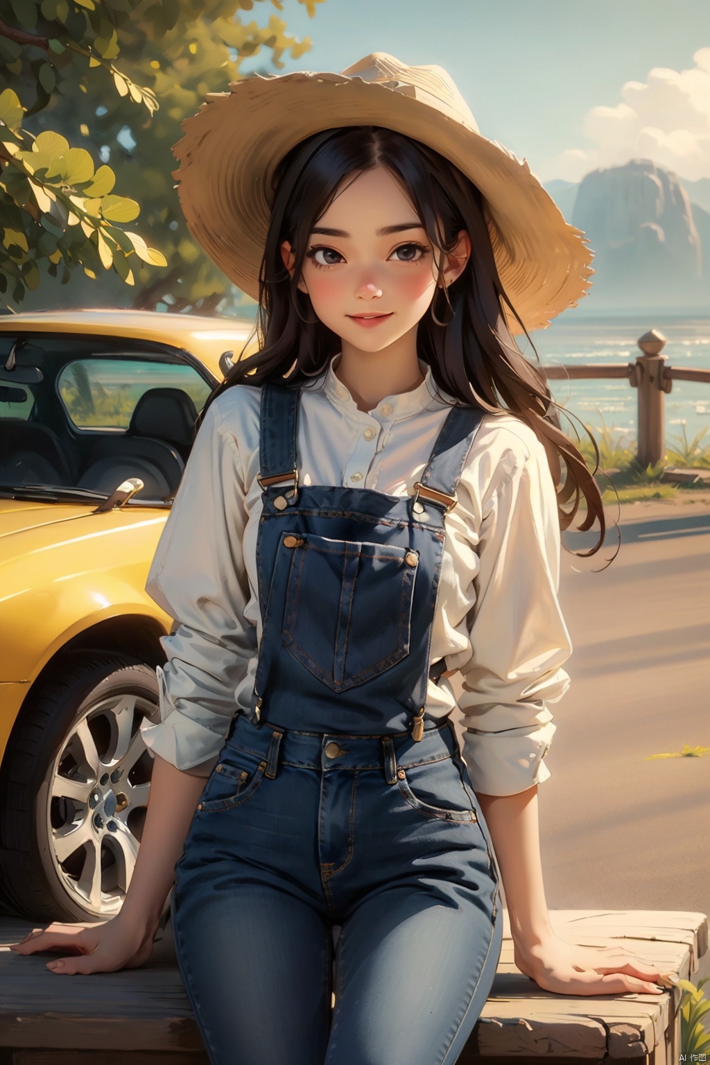 masterpiece, best quality, 8K,illustration, colorful, The rich visuals depict the joy of outdoor travel. car  Vacation girl, a girl wearing black suspenders and jeans, This is a very thin girl, not very plump, black hair and black eyes, Sitting on the ground with your back against a yellow car. Wearing a cowboy hat on the head , best qualityhighly detailed, realistic rendering, Cute Smiling Girl。This painting captures the essence of innocence, beauty, and joy, making it a beautiful and captivating artwork, Fully express the joy of the character's vacatin, The girl should be thinner, Girls' clothes should not be too revealing , Hair fluttering in the wind