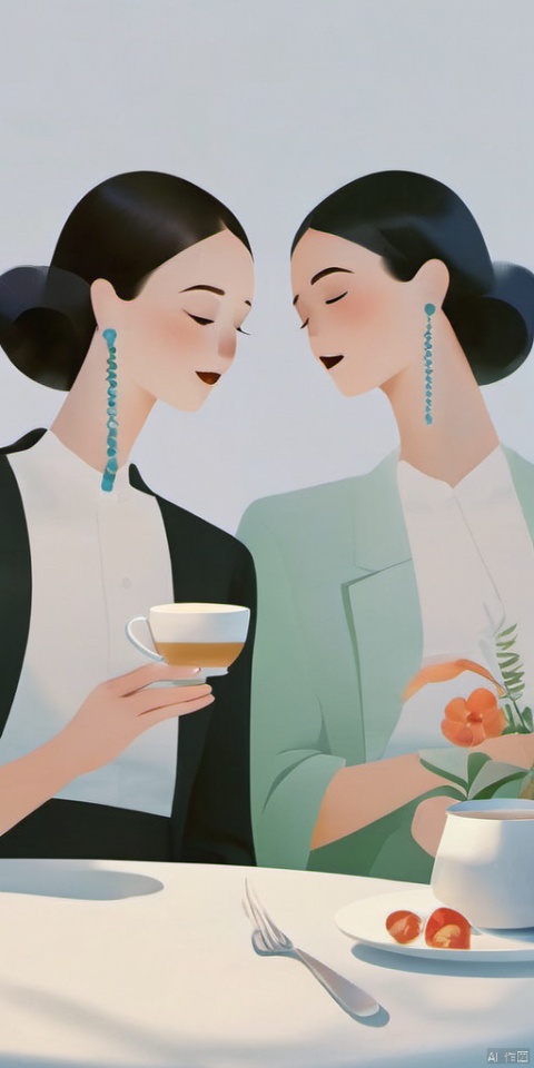 (Flat color: 1.2) Group photo of sisters imitating fashion, with white background. The picture shows sisters having a happy afternoon tea, presenting a happy and relaxed atmosphere. High definition image quality, 8K. The facial features of the characters on the screen are clearly displayed and rich in flowers, coffee, and seats