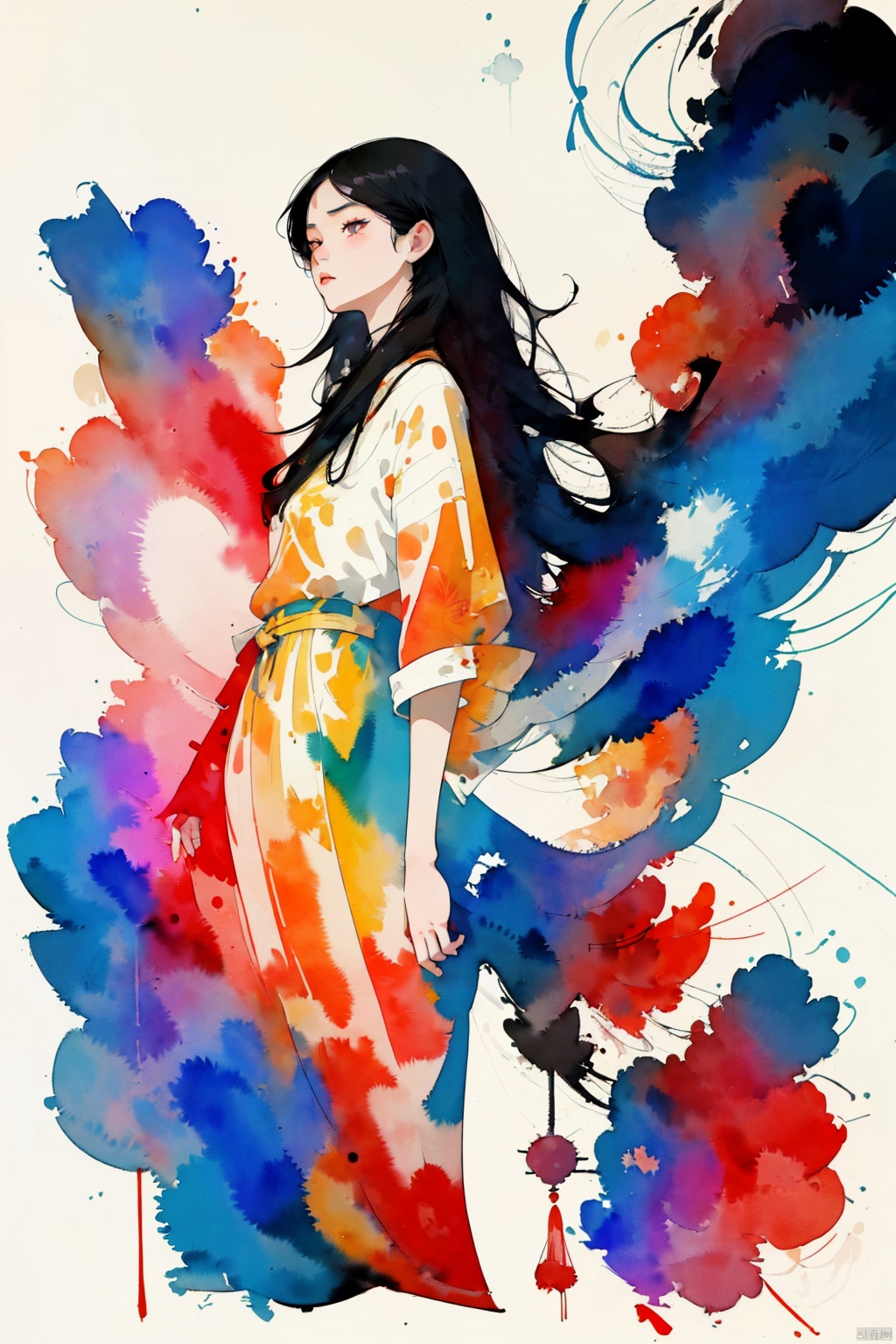 llustration style, hand-painted style,An Asian girl with long black hair and eyes, Modern City, clouds,  8k,  clear details, rich picture, blank background, flat color, vector illustration, watercolor \(medium\)