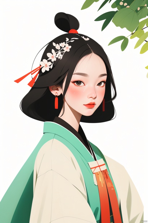 （Flat color：1.7）、Traditional Chinese Gongbi Painting Style,The visual style adopts flowing thin lines to showcase Chinese style,The screen is expressed using a flat technique。The screen adopts the style of the Song Dynasty in China, The color uses traditional Chinese colors and is treated with transparency.  Screen characters Black hair、No complicated headgear。The screen apply elements related to the Song Dynasty in China.Chinese style light watercolor、White background, Picture composition focuses on the head（Enlarge facial details）, The girl's eyes are decorated with leaves,vector illustration。The overall picture is presented in artistic form and does not require realism。When presenting the screen, only the head is displayed