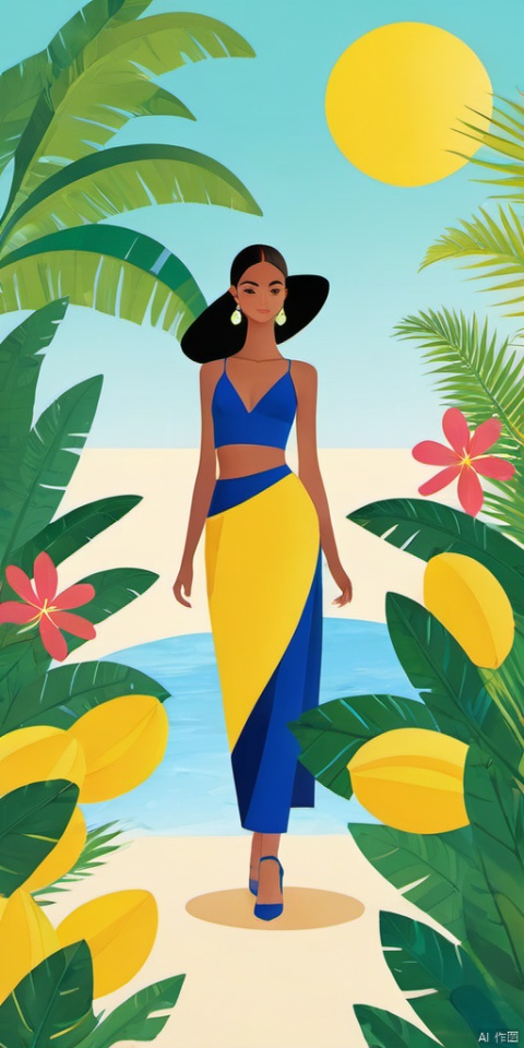 (Flat color: 1.2) Imitate Herm è s illustration style and showcase the fashion brand's style guidance with a rich and colorful background. The exhibition showcases a fashionable girl's fantasy myth of spring; High definition, soft, and clear image quality; Clear and complete facial features, visually adding girl, seaside vacation style, bikini, banana tree